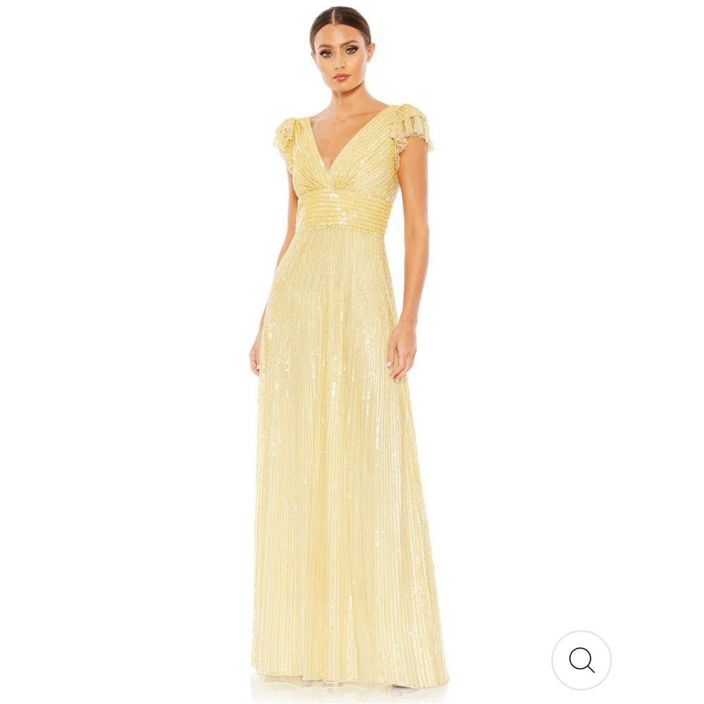 NWT Mac Duggal #5646 Embellished Butter Yellow Flutter Cap Sleeve A-Line Gown
